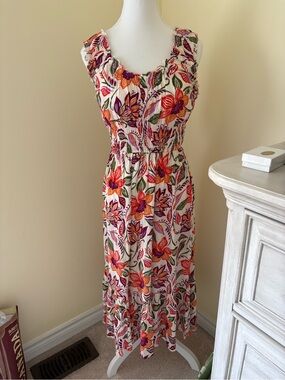 Floral Sleeveless Maxi Dress in Cream with Orange & Purple Print